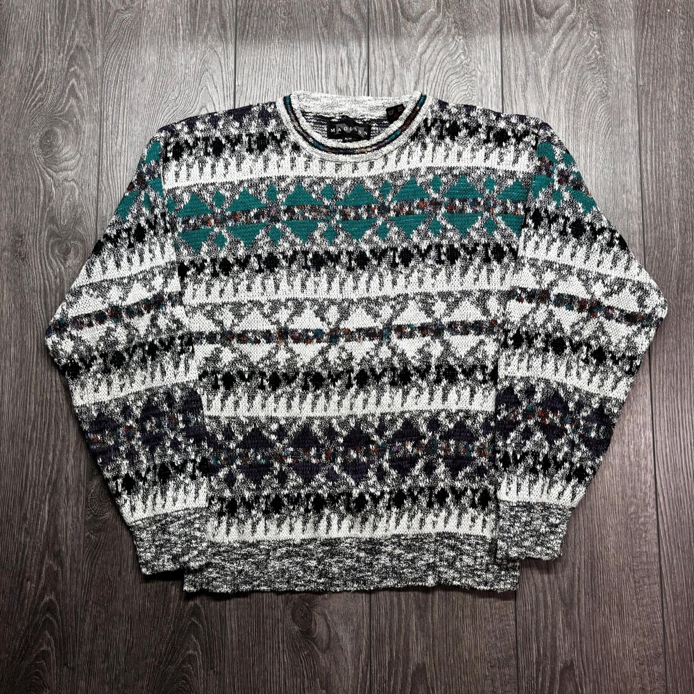 Vintage Geometric Knit Sweater Green Colourful Madison Medium 1980 Cottage